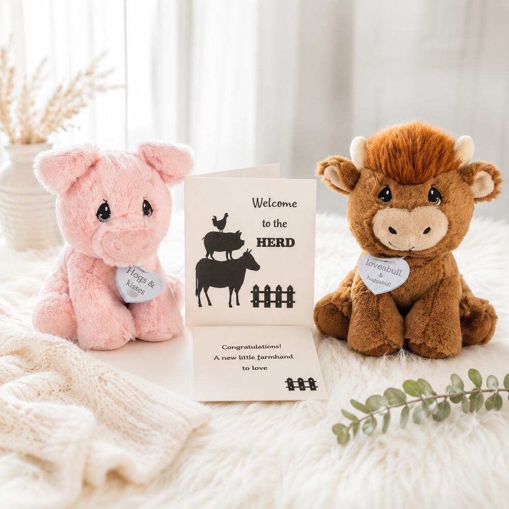 Aurora Precious Moments Farm Baby Gift Set Pig Bull Plush Card NWT Farmcore